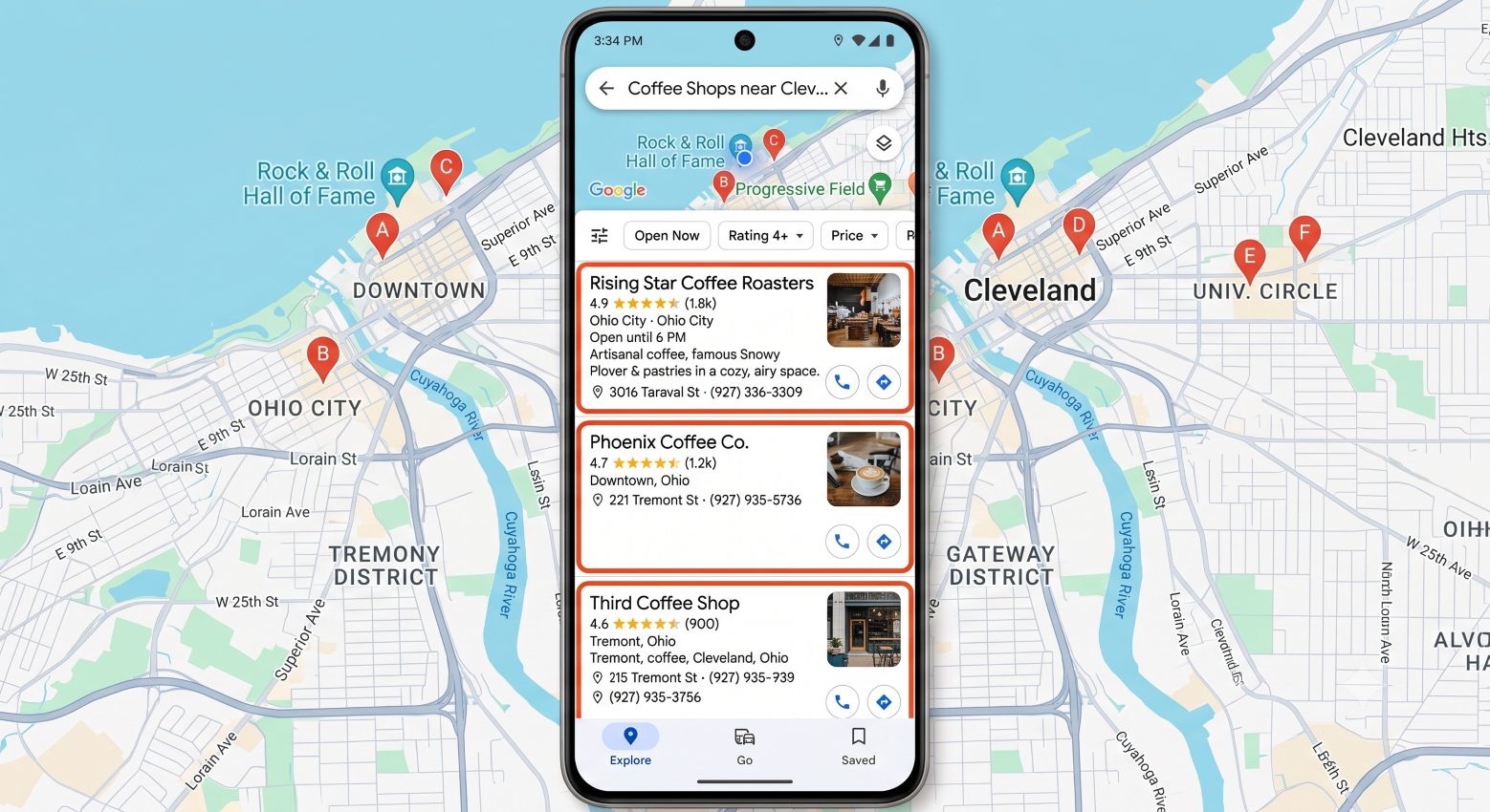 Google Maps local search results showing top three business listings